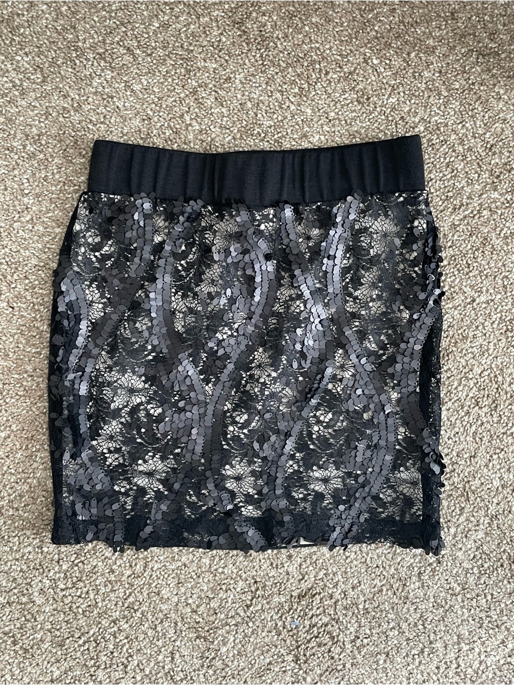 IZ Byer Women's Black/Silver Lace Sequin Mini Skirt Pull On Size S